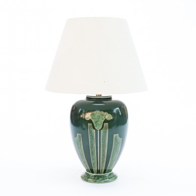 Lampa ceramiczna w kolorze szmaragdowej zieleni. Ręcznie malowana. Sygn. L. DRIMMER. Francja. Rodez